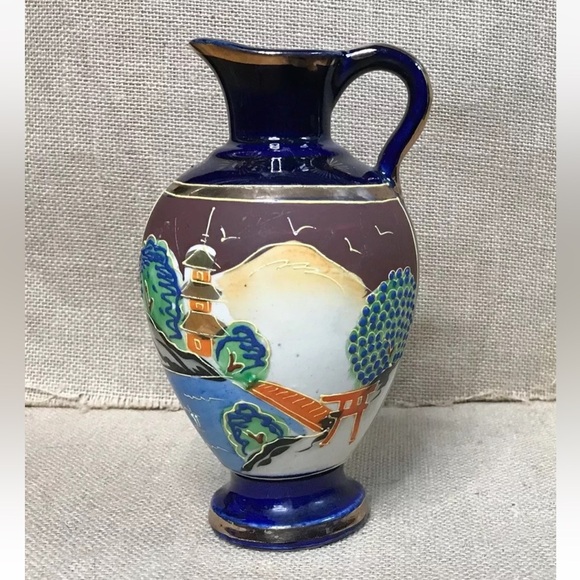 Vintage Other - Vintage Hand Painted Blue Japanese Pitcher Vase Small 7 Inch Landscape MCM